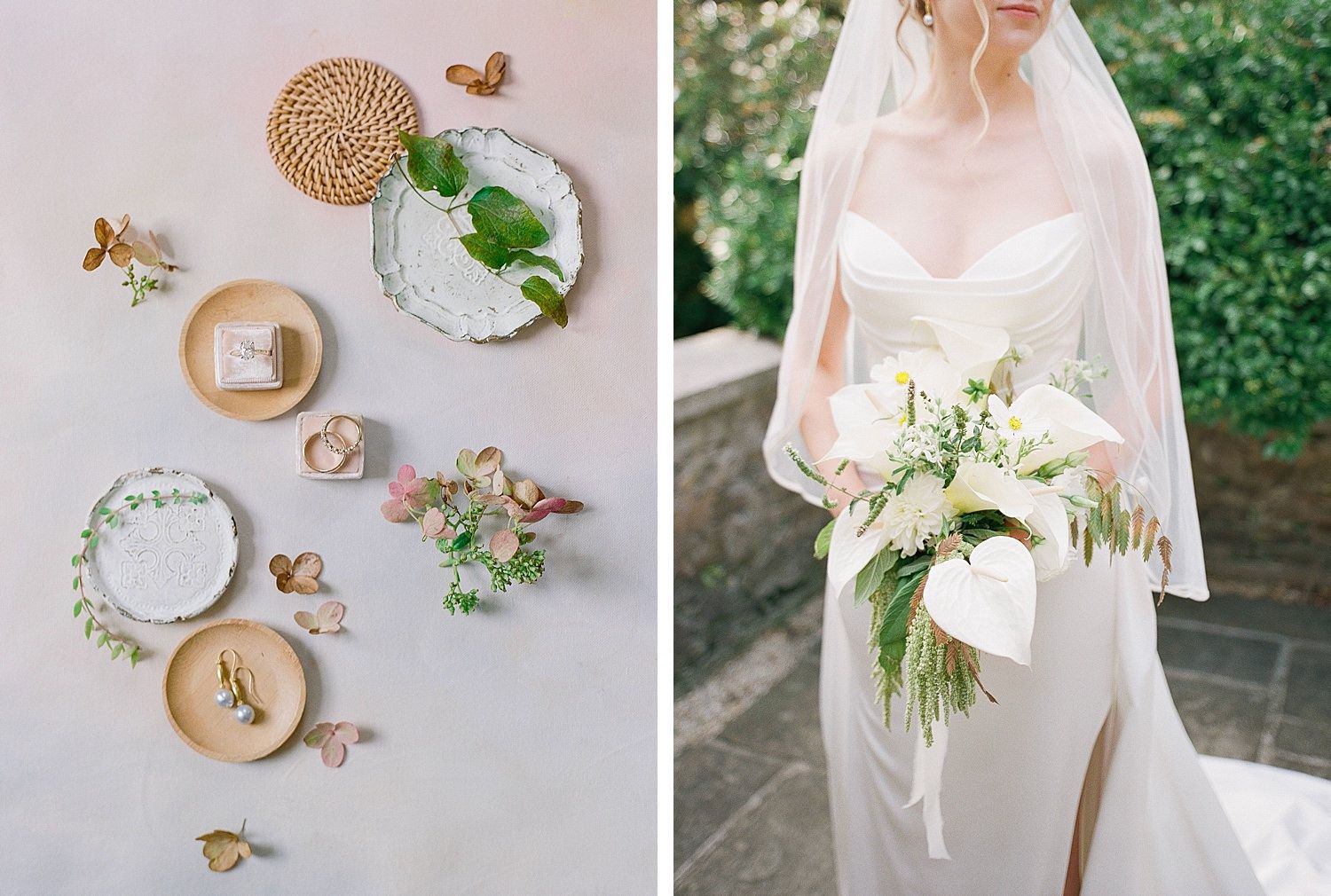Elegant wedding details with delicate place settings and floral arrangements paired with a bride holding white lily bouquet.