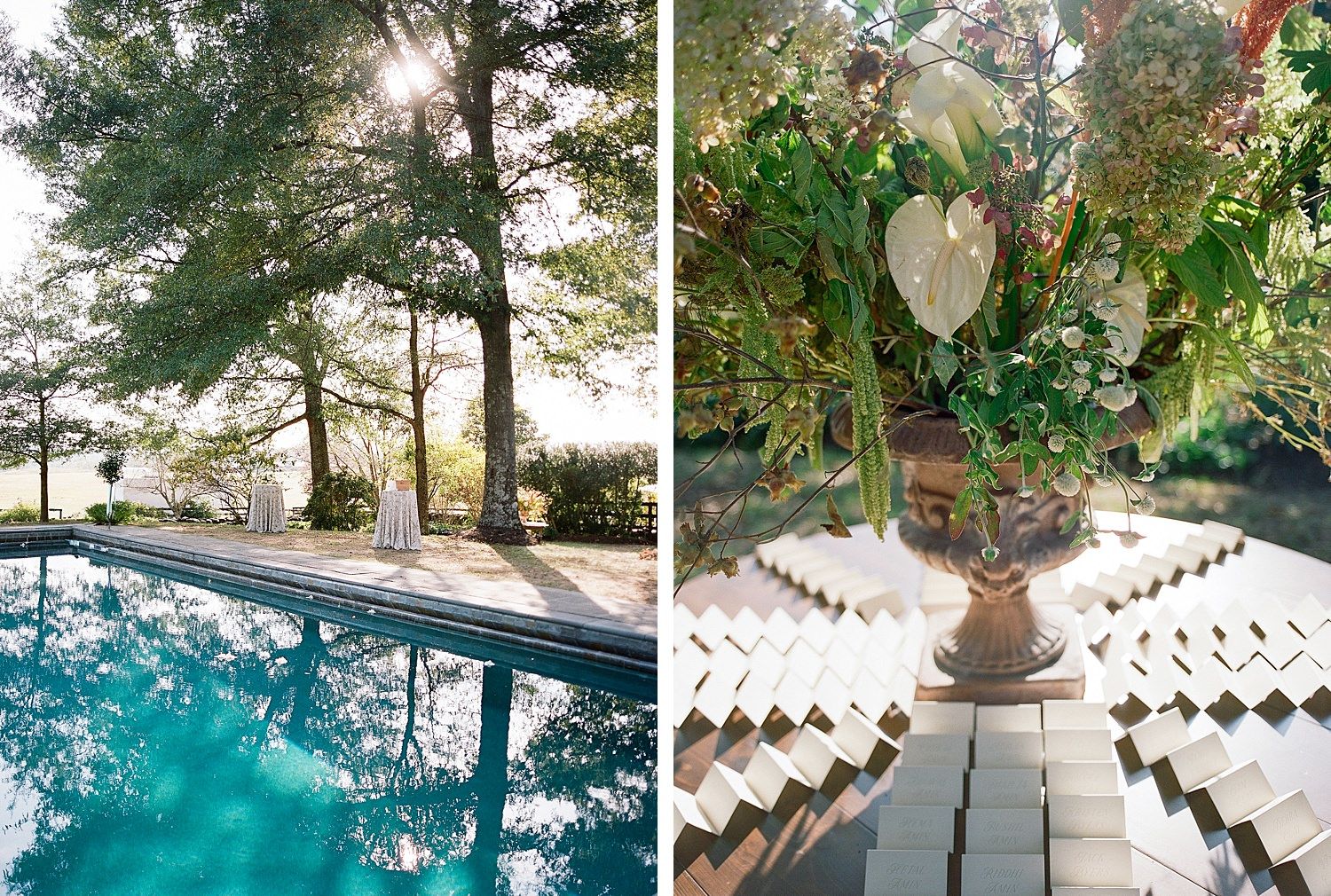 White wooden chairs line a garden path leading to a serene swimming pool surrounded by lush landscaping and trees.