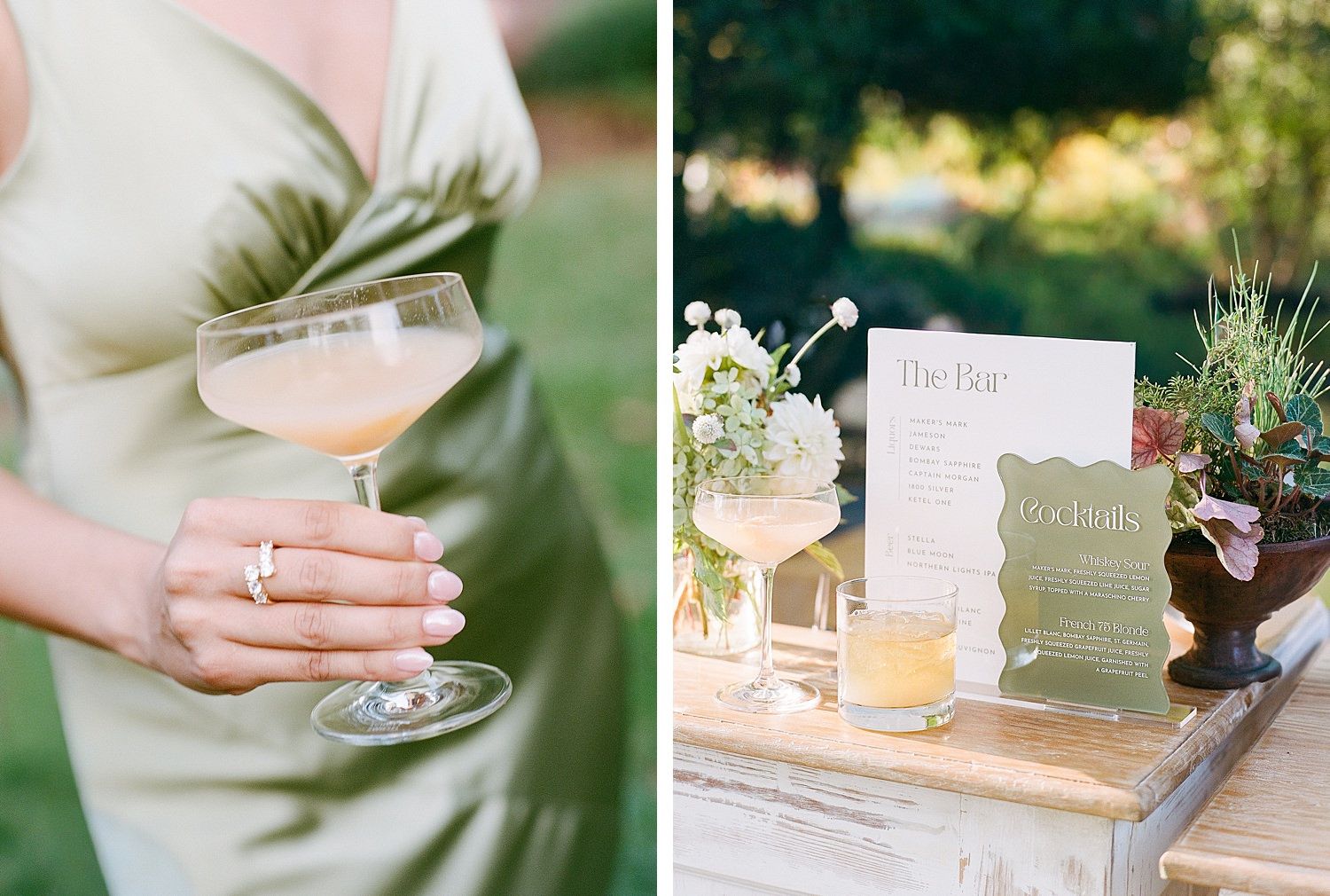 A collection of elegant wedding reception details featuring cocktails, place cards, and drinks on rustic wooden surfaces.