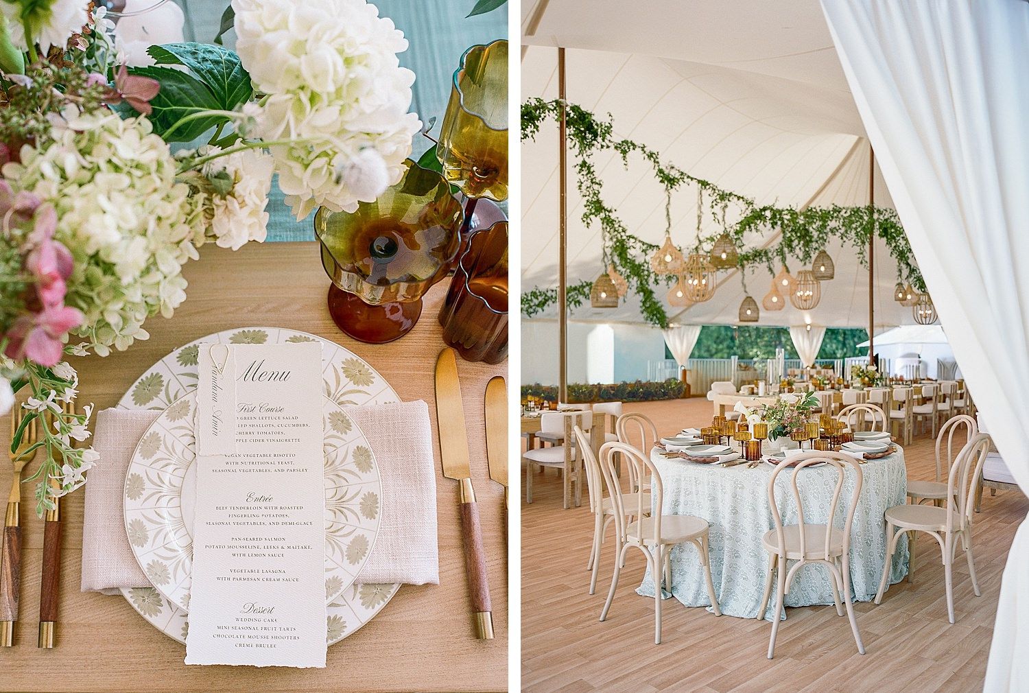 Elegant wedding reception table settings with white hydrangeas and a draped tent ceiling with greenery garlands.