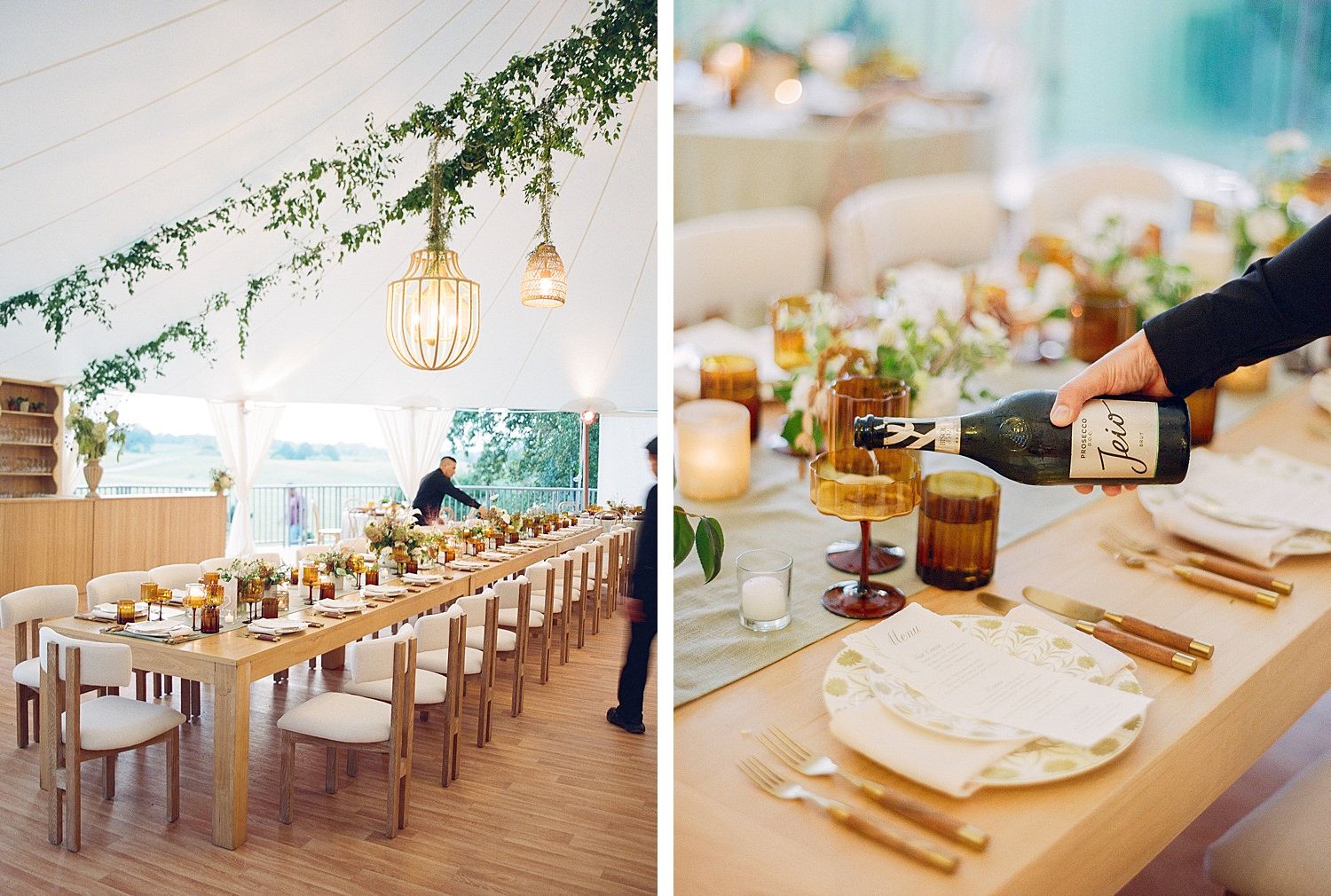 Elegant wedding reception tables decorated with greenery, white linens, and warm lighting in a bright modern venue.