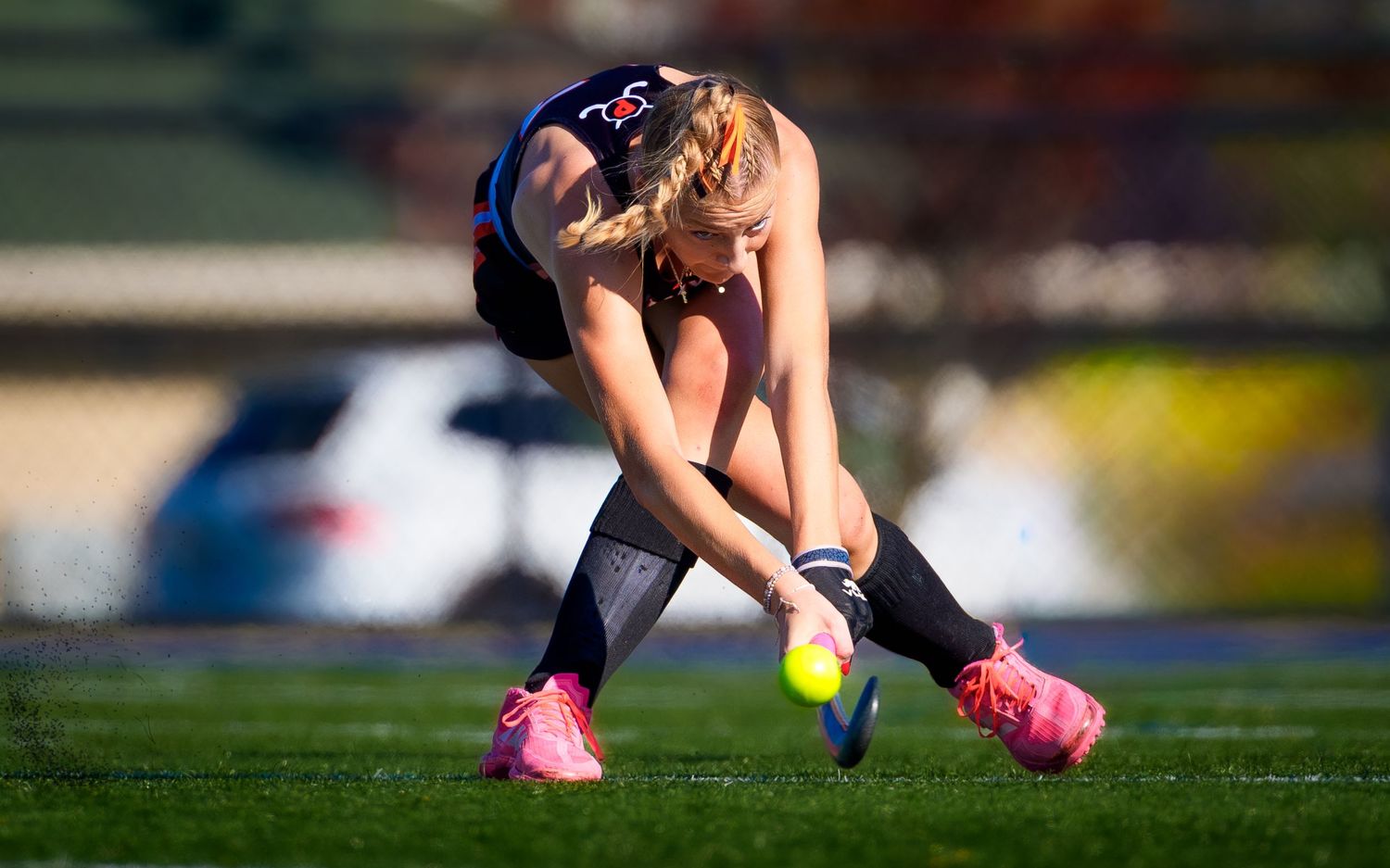 Palmyra High School Field Hockey, Leigha Kane black uniform hitting ball during game PIAA District 3 playoffs, action shot, Hummelstown PA