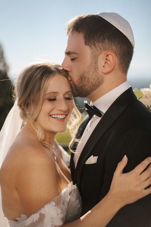 A romantic wedding couple shares intimate moments in a series of close-up photos at sunset.