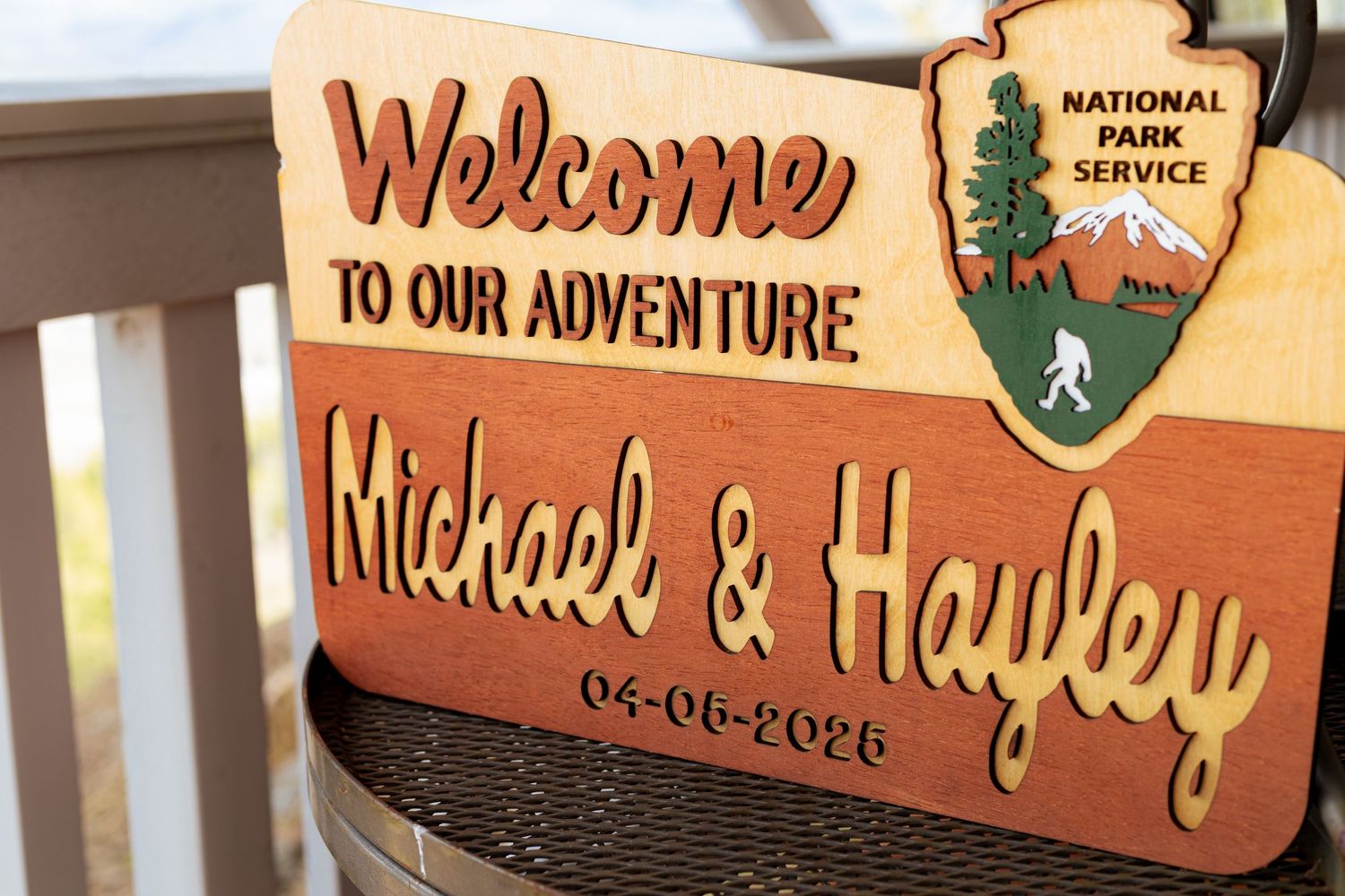 A row of wooden welcome signs and National Park Service emblems mounted on a rustic wall display.