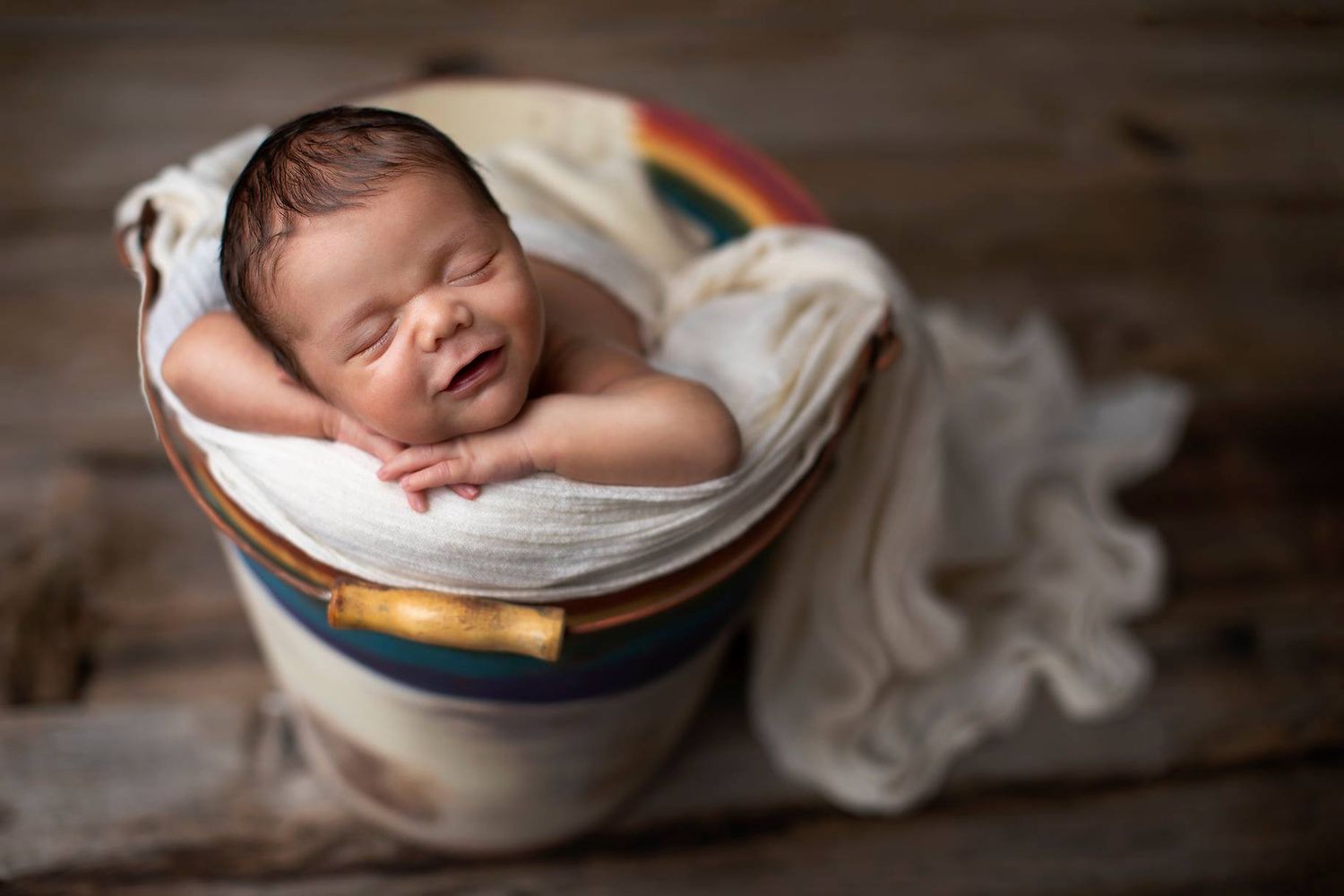 A series of artistic newborn photography shots featuring babies nestled in bowls and blankets in warm, natural lighting.