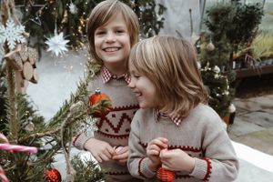 Two children in matching sweaters share joyful moment while decorating Christmas tree.