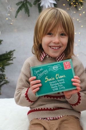 Holiday scene with beige knit sweater and red gingham collar while displaying a letter to Santa Claus.