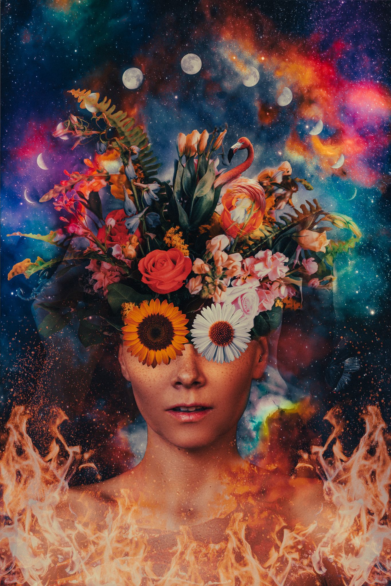 Surreal digital art of flowers and cosmic elements creating ethereal portrait composition.