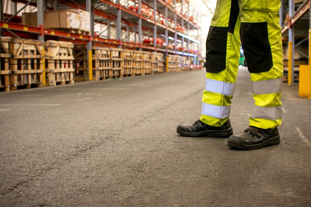 Worker wearing high visibility safety pants and boots standing in a warehouse aisle with storage racks.