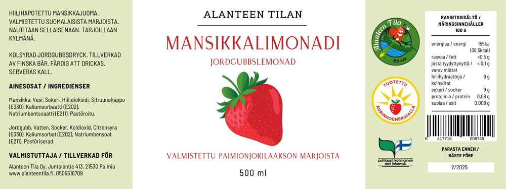 Product label for Mansikkajanadi strawberry tincture with nutrition facts and organic certification seals in green and white.