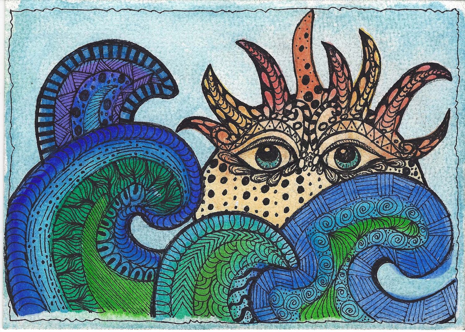 Whimsical illustration of ocean waves and eyes in blue and green zentangle patterns.