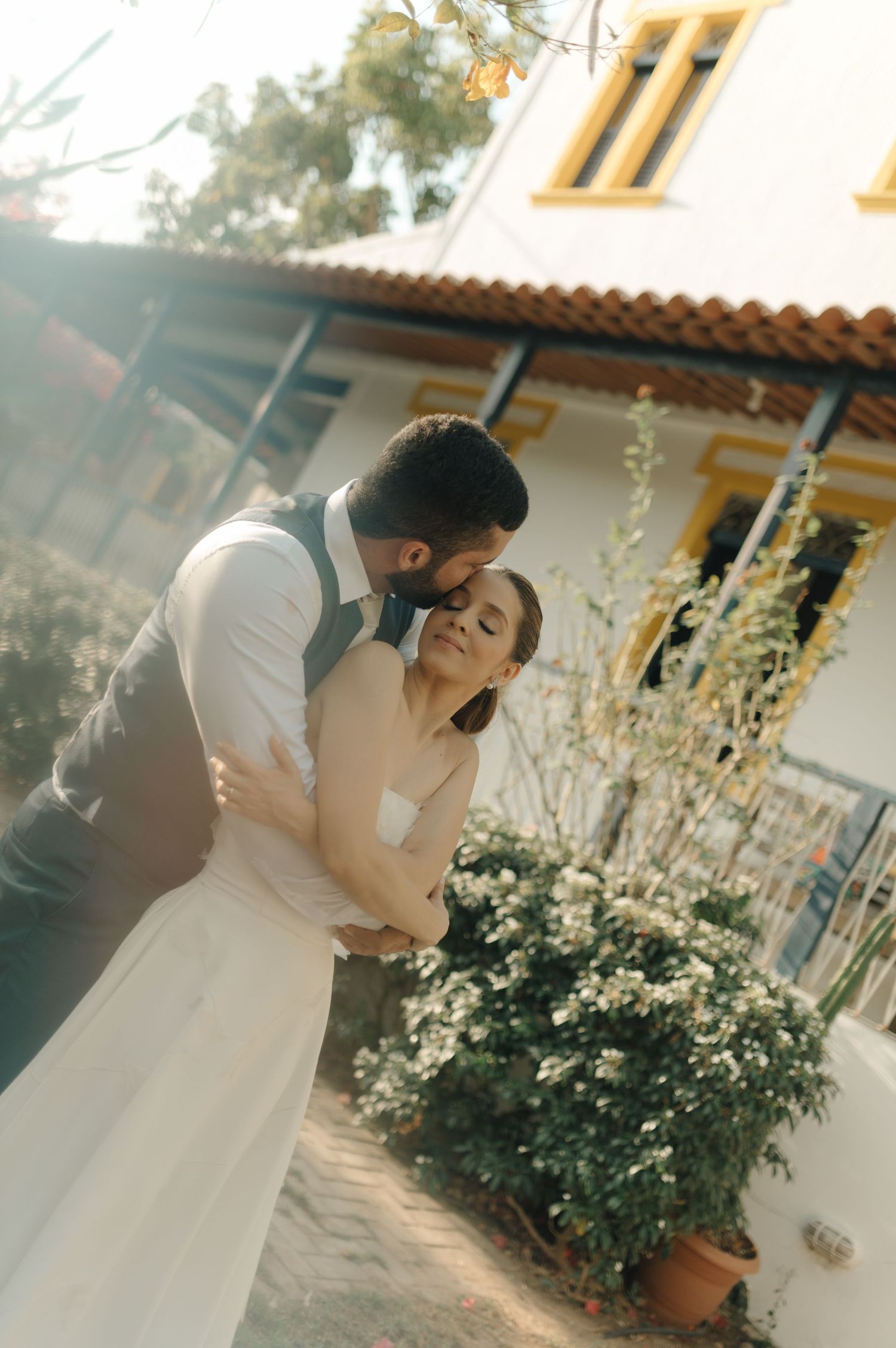 A romantic wedding photo taken in warm sunlight with flowering bushes in the background.