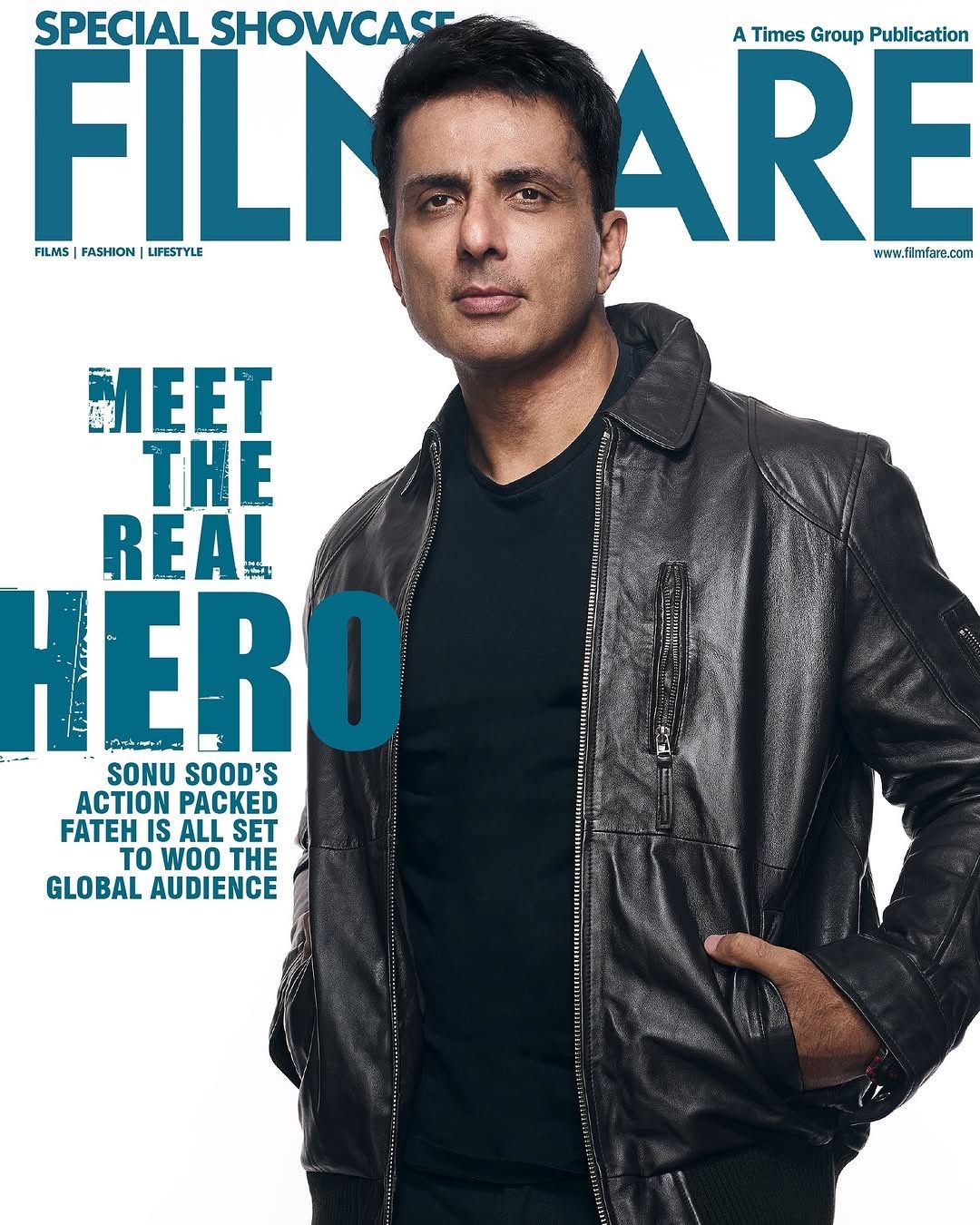 Sonu Sood in a black leather jacket posing confidently against a Filmfare magazine backdrop, looking stylish and charismatic.