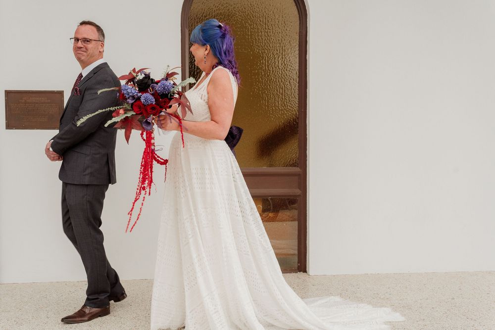 Series of wedding party photos showing a couple and attendants laughing and enjoying candid moments outdoors.