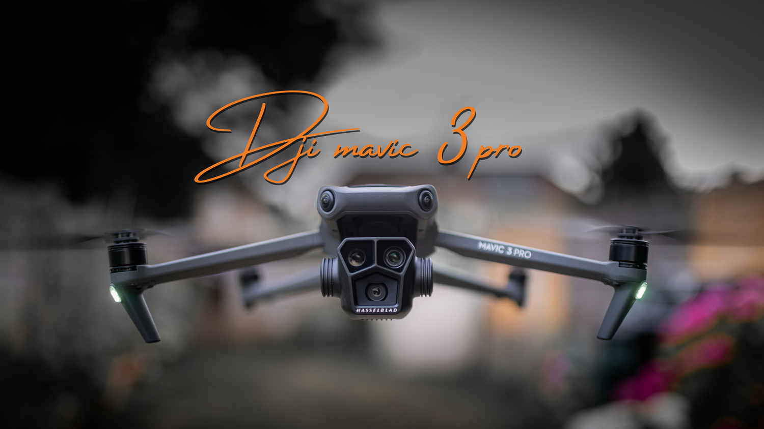 DJI Mavic drone flying against a blurred background with orange text overlay.