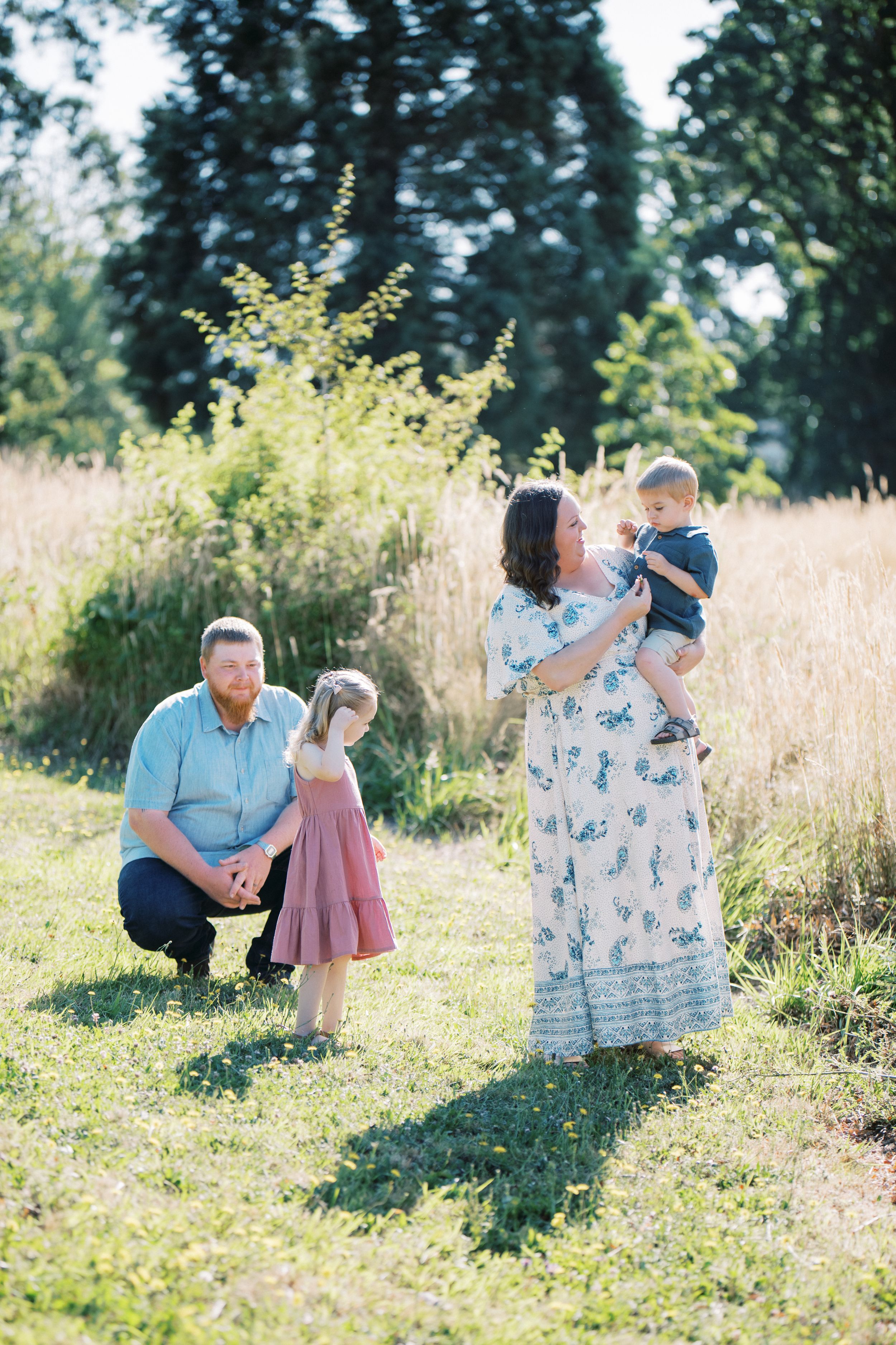 A family enjoys a tender moment together in a sun-drenched meadow with tall grass and evergreen trees in the background.