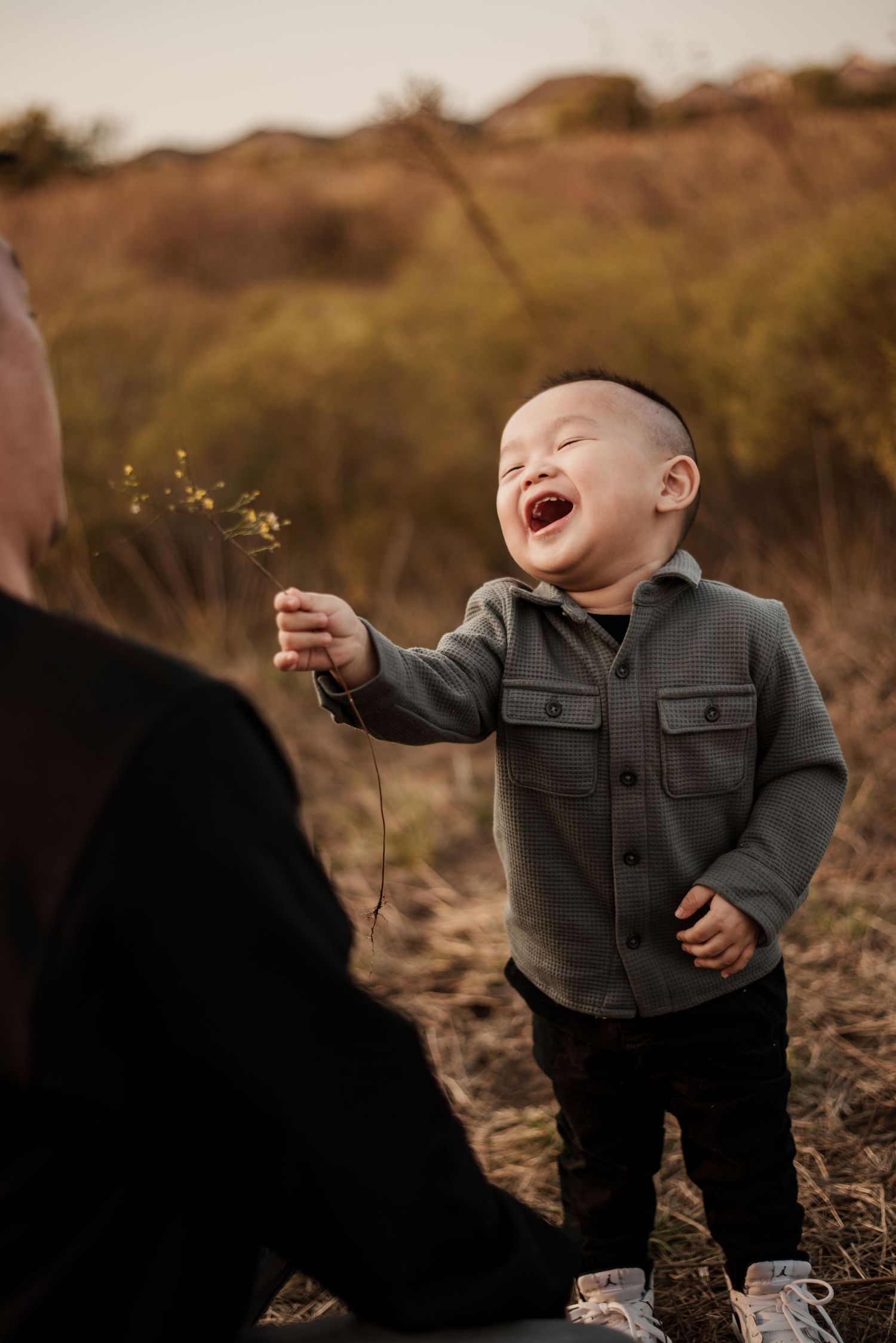 A sweet candid family moment captured in golden sunlight on a grassy hillside.