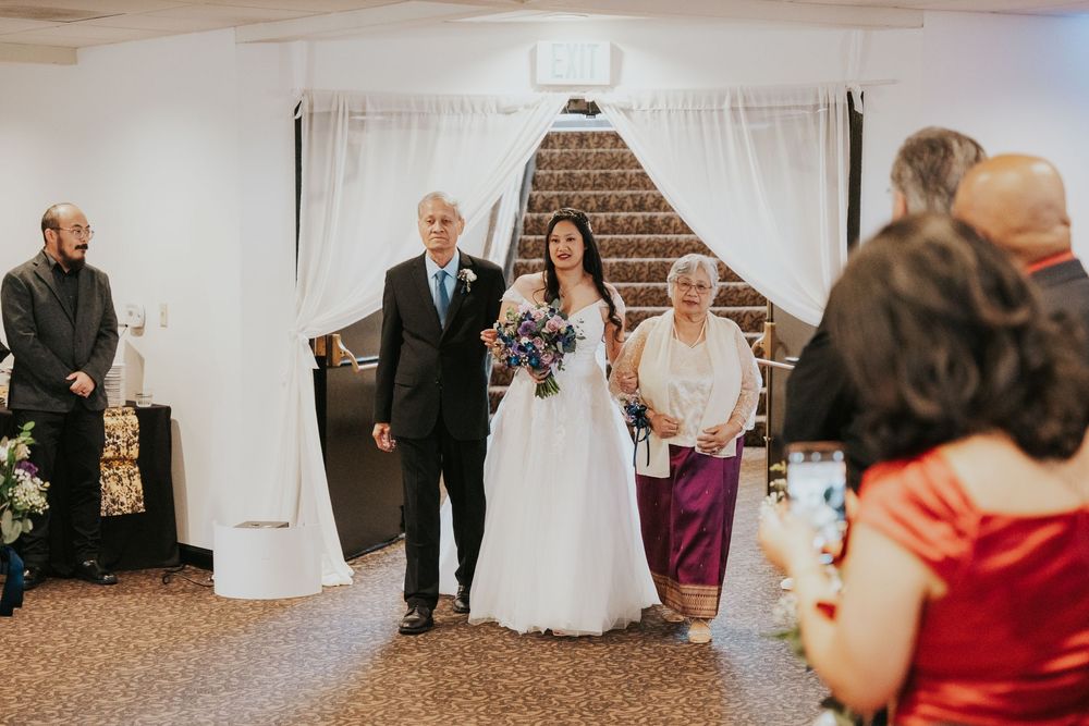 Panoramic view of multiple intimate wedding moments showing couples and guests in white and formal attire at indoor venue.