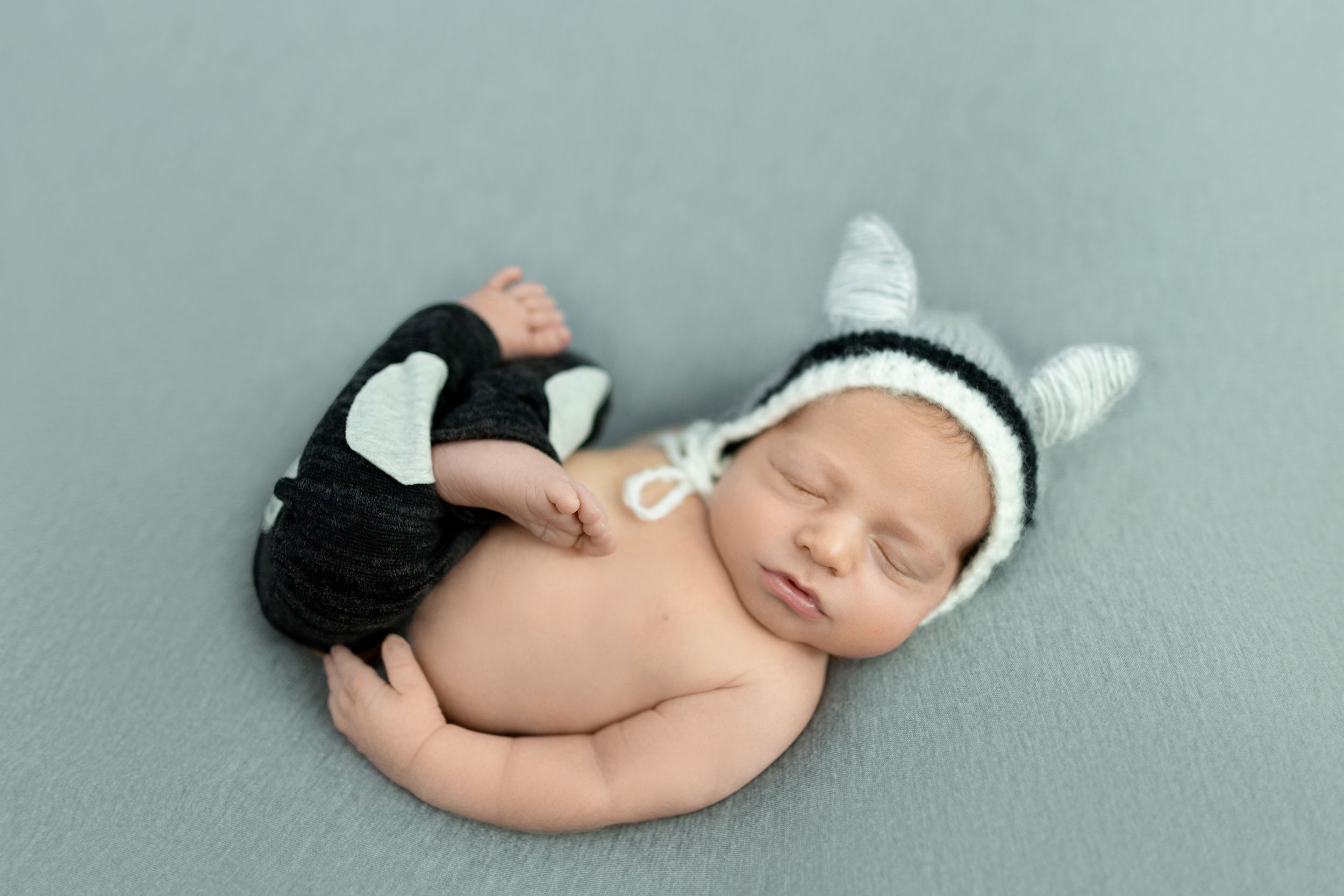 Baby in black and white panda-inspired outfit sleeping on gray background. Photos by Tampa Photographer DigitalMyst Photography