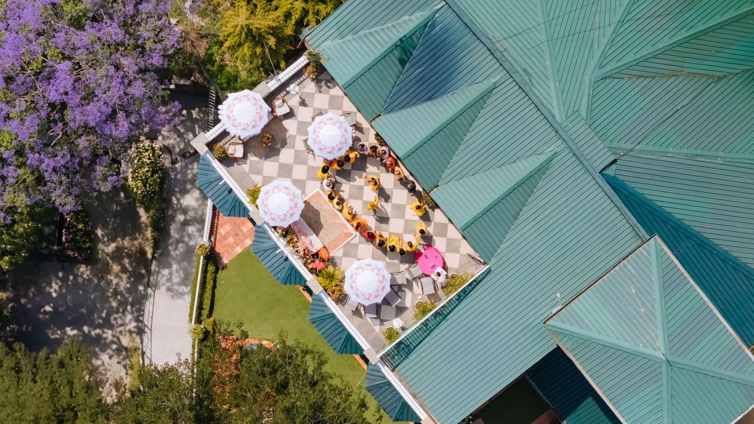 Drone Photography of Colorful and candid Haldi ceremony captured by Fine-art and candid wedding storytelling by Beginnings For You.