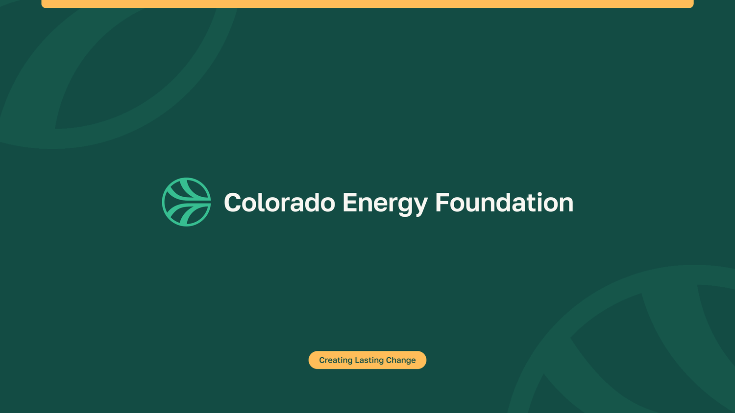 Colorado Energy Foundation logo animation frame with green and orange design elements.