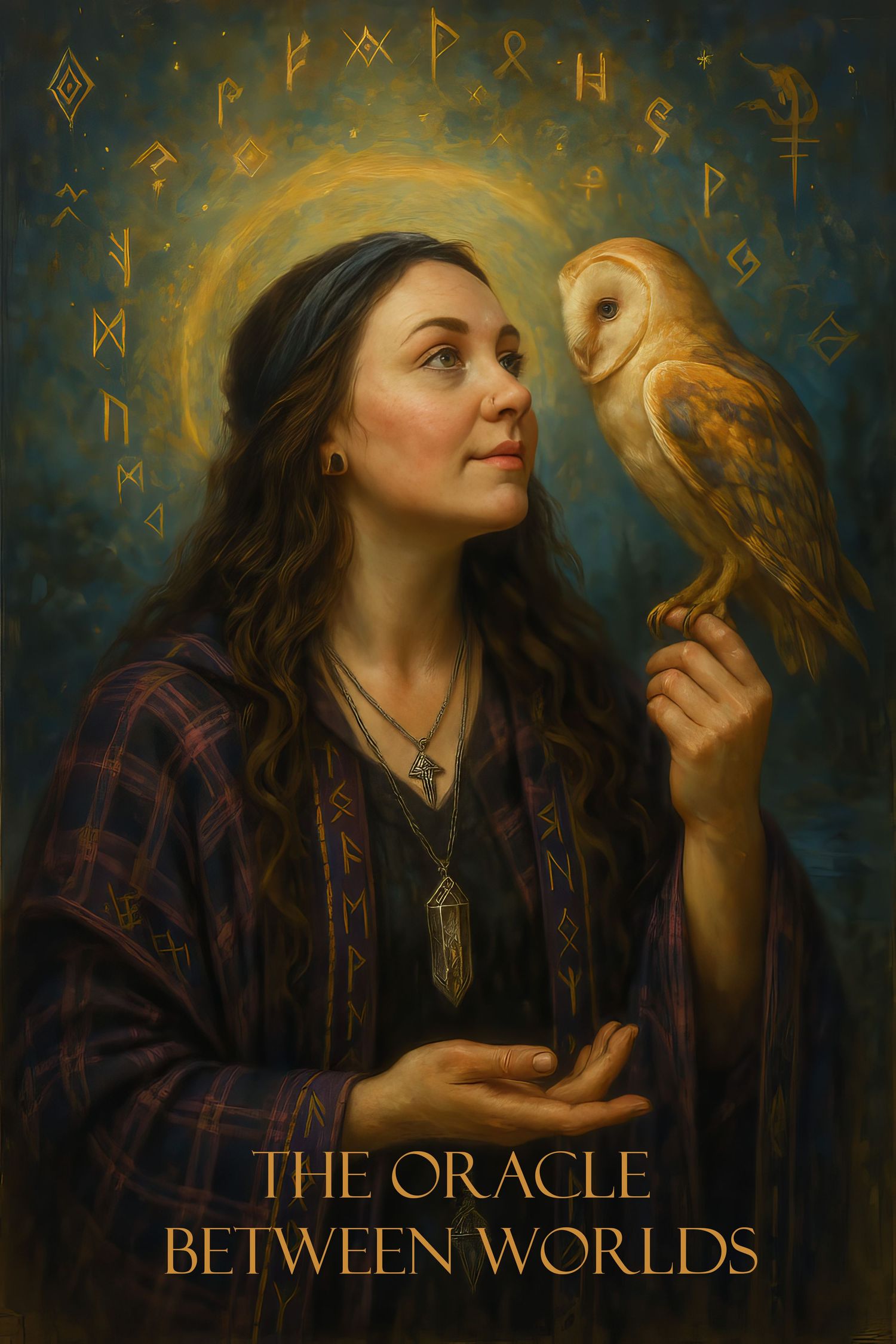A mystical fantasy artwork shows an owl perched beside glowing runes and magical symbols against a dark ethereal background.