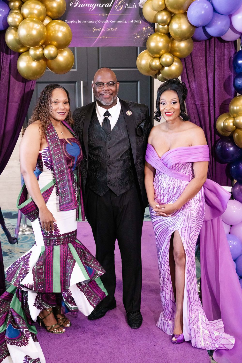 A series of party photos showing guests in formal attire including purple gowns and black suits with gold and purple balloon decor.