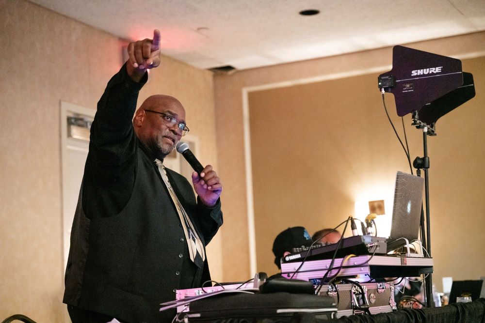 A collage of images showing a DJ performing at an event setup with audio equipment and lighting.