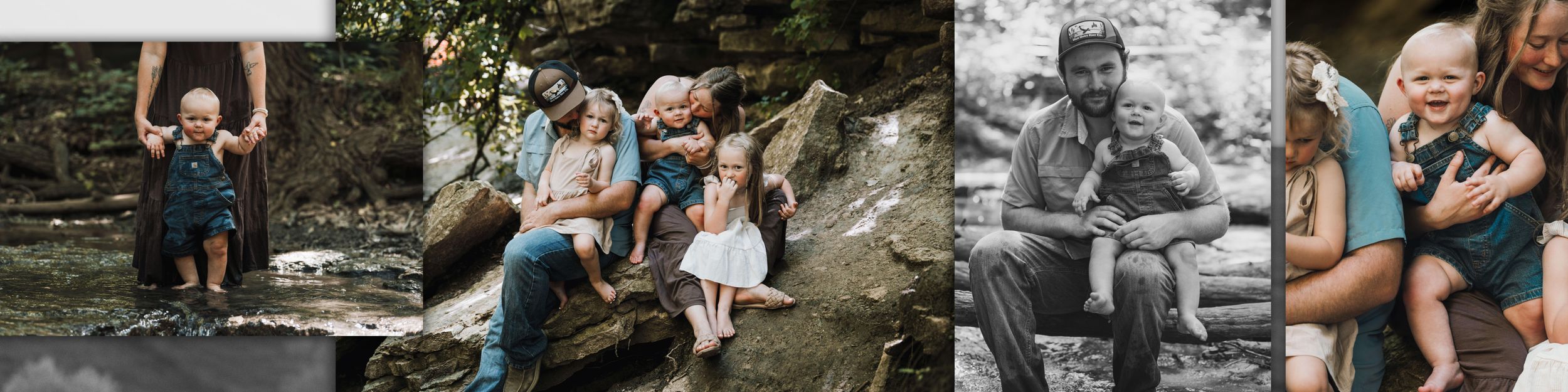 A family sitting and laughing together on mossy rocks near a creek during an outdoor photo session.