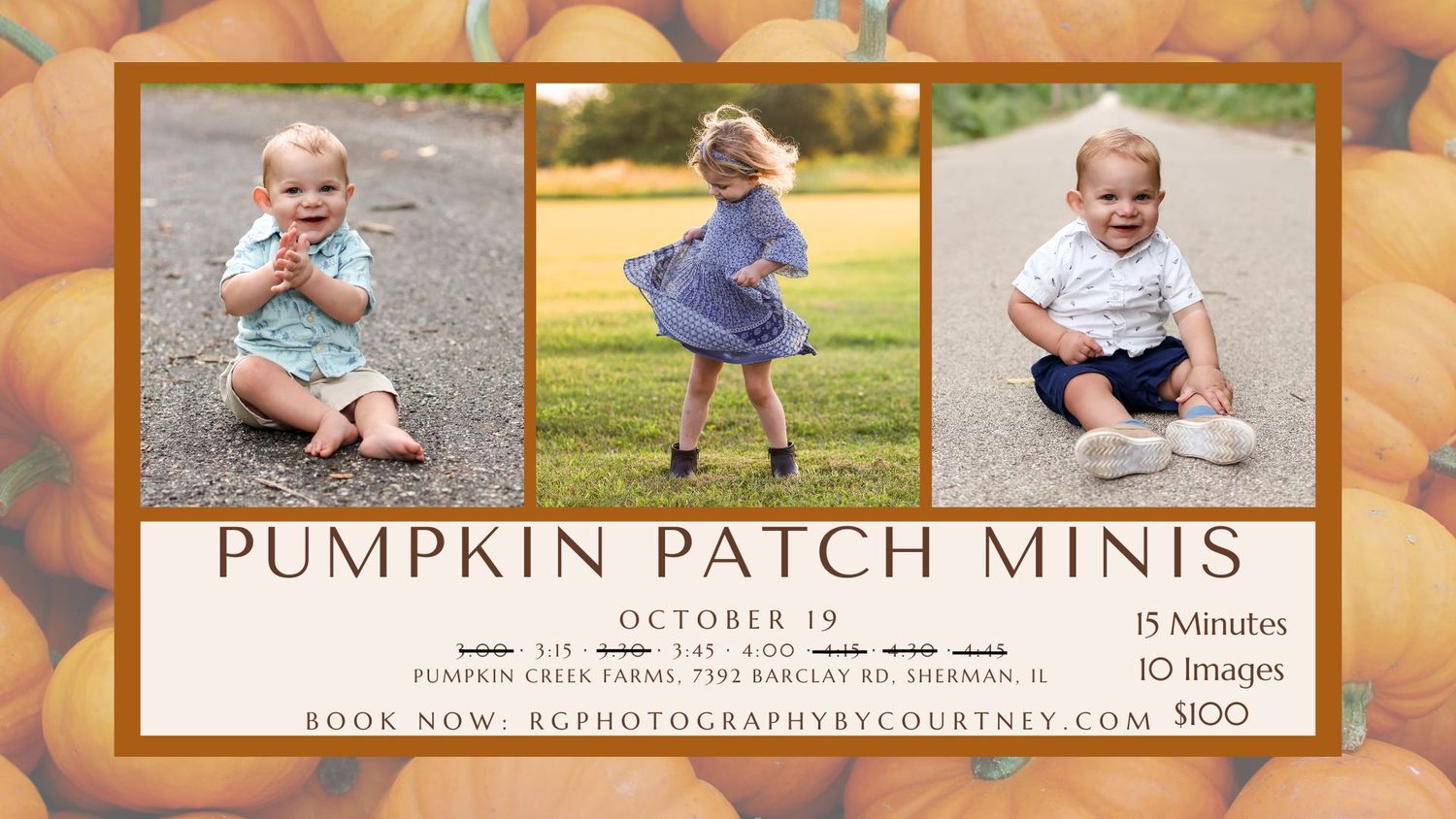 Marketing banner for pumpkin patch mini photography sessions with three photo slots.