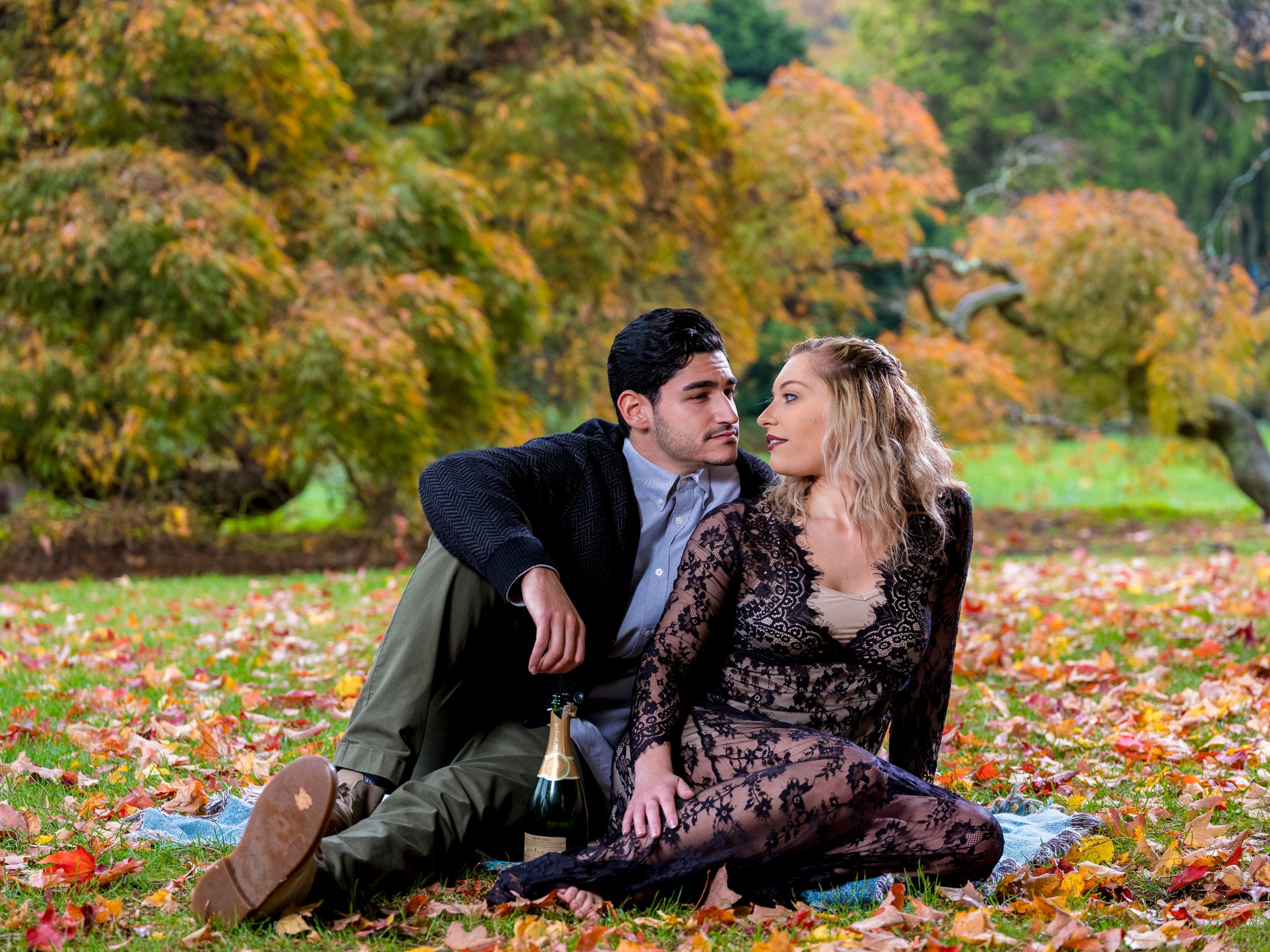 A romantic autumn picnic scene with wine and fallen leaves in a park setting surrounded by colorful fall foliage.