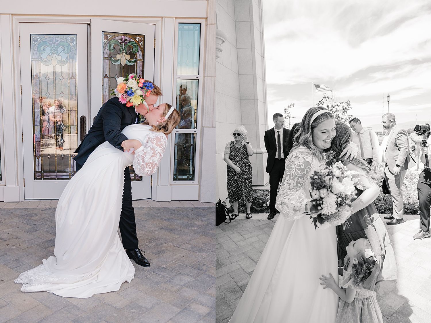 Romantic wedding celebration with couples embracing in traditional formal attire at elegant venue captured in black and white.