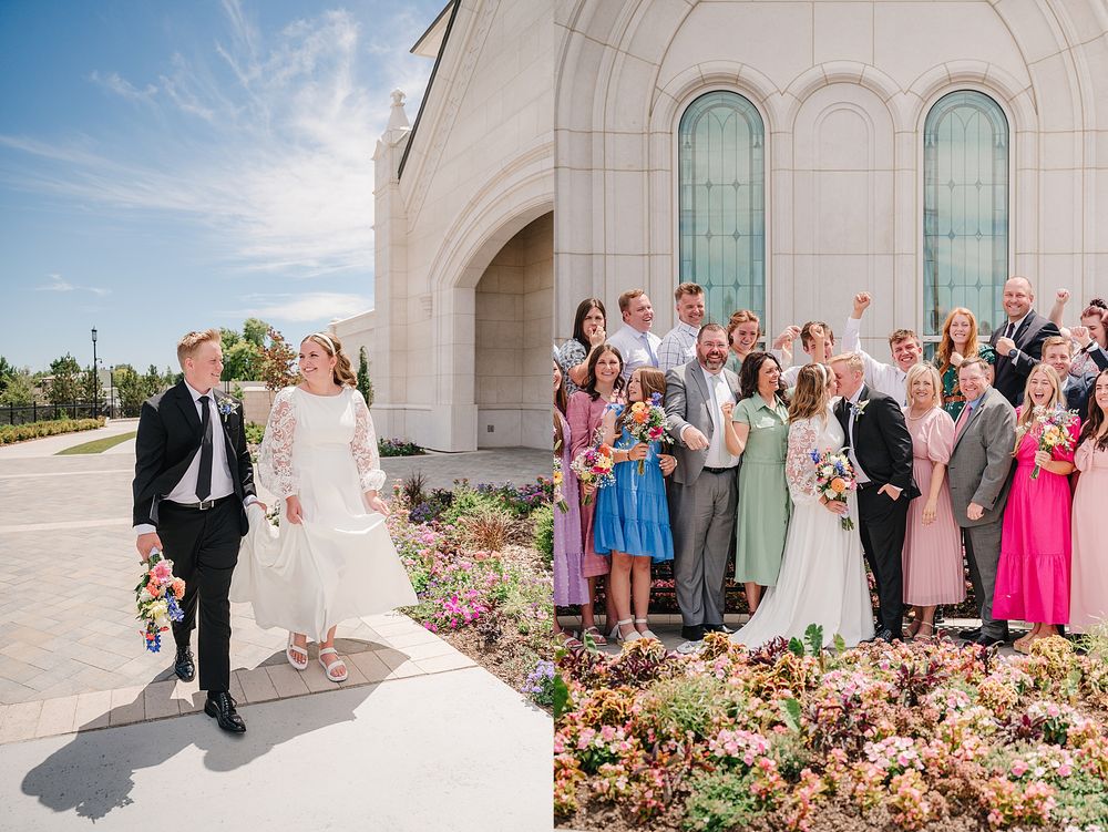 Wedding party stands outside a grand church with stained glass windows and blooming flowers on a sunny day.