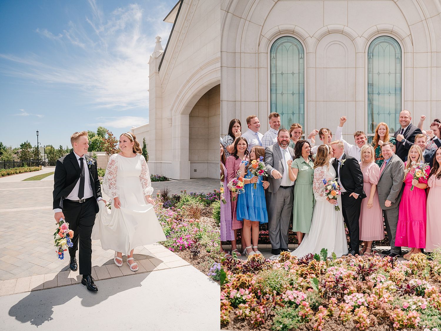 Wedding party stands outside a grand church with stained glass windows and blooming flowers on a sunny day.