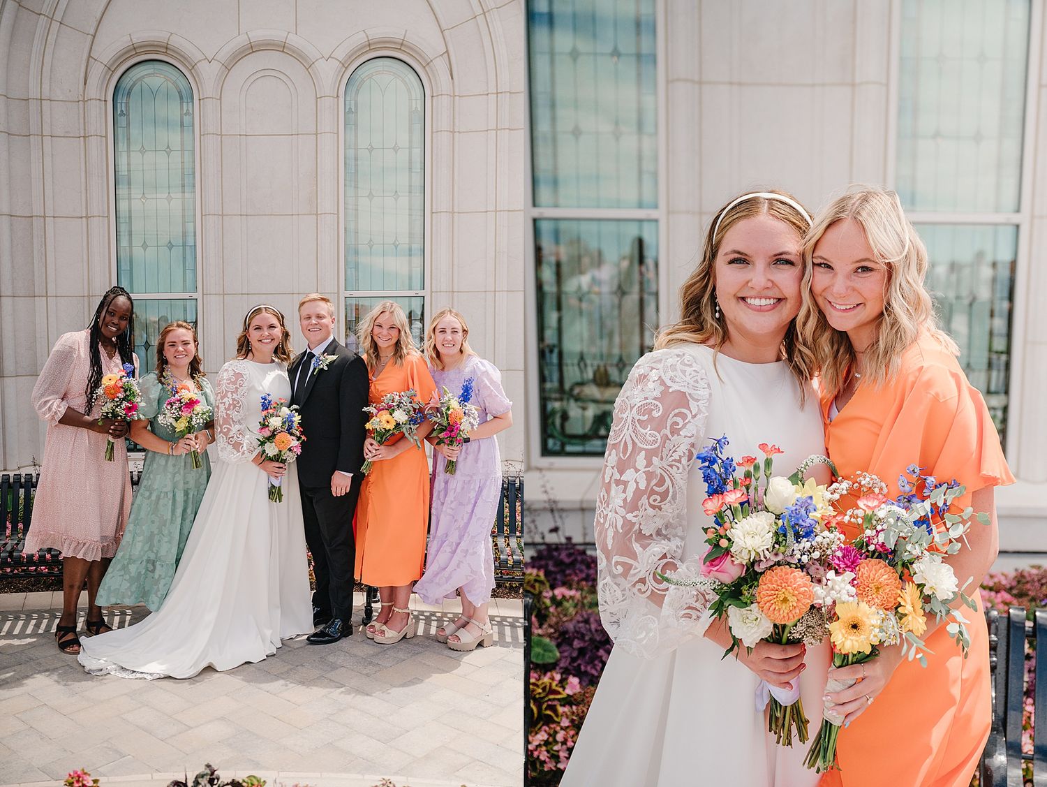 Wedding party stands outside elegant church with bride wearing white lace gown holding colorful spring bouquet.