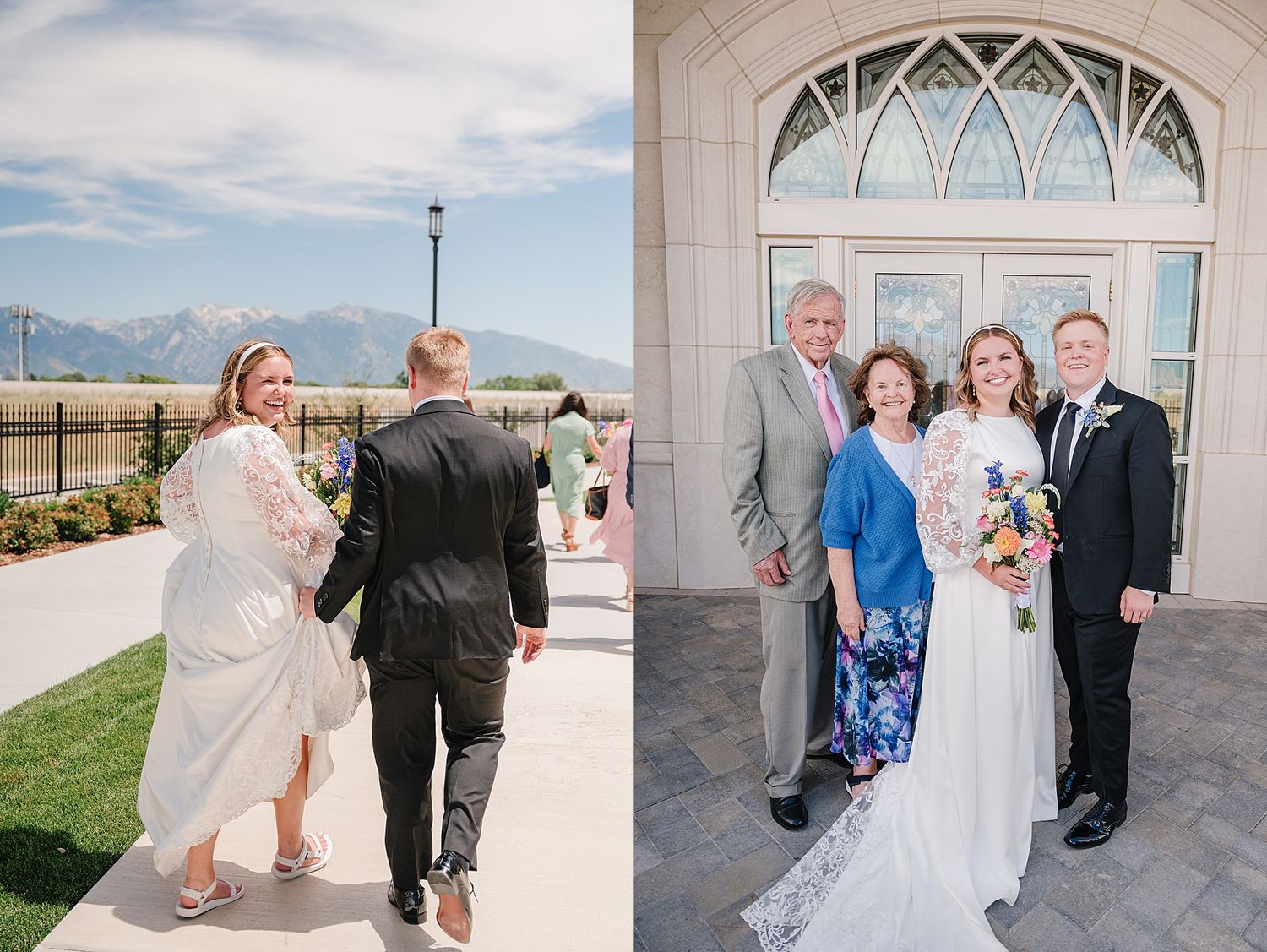Wedding photos at a mountain venue featuring formal attire and elegant architecture with mountain views.