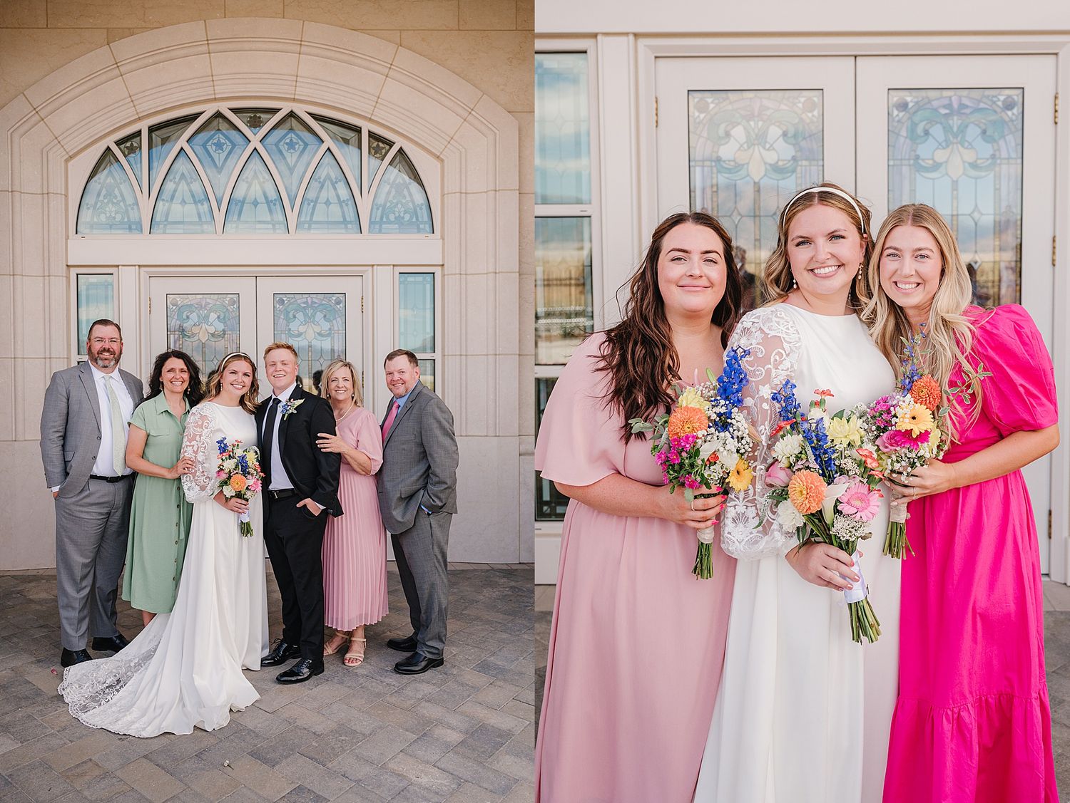 Wedding party gathers beneath arched doorway of historic building during bridal portraits.