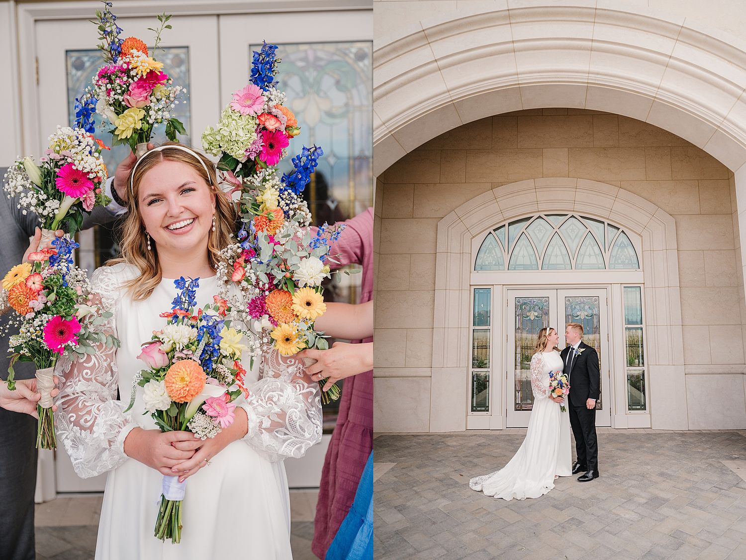 Beautiful wedding photos showing couple and floral arrangements at elegant stone venue with arched windows.