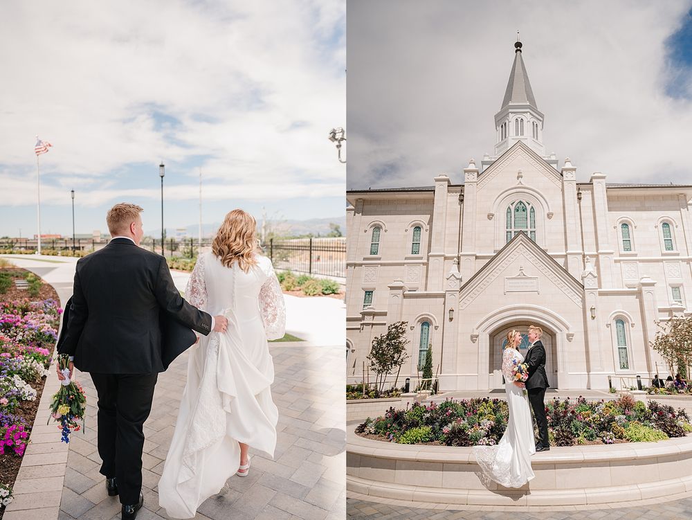 Classic white church exterior with arched entrance and beautiful floral landscaping on a cloudy day.