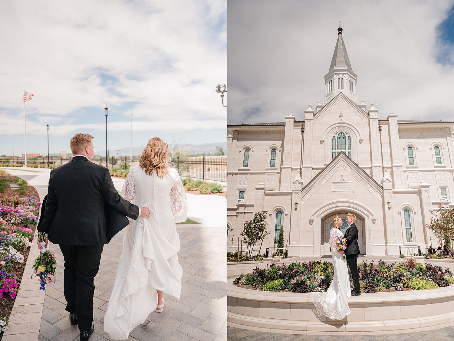 Classic white church exterior with arched entrance and beautiful floral landscaping on a cloudy day.