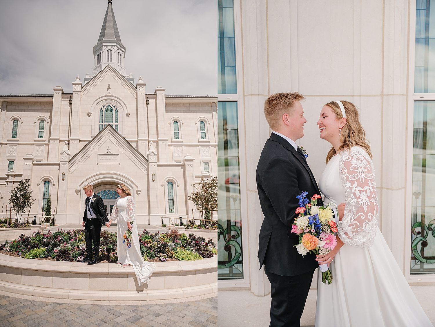 Wedding photography collage showing couple against white church architecture and floral landscaping.