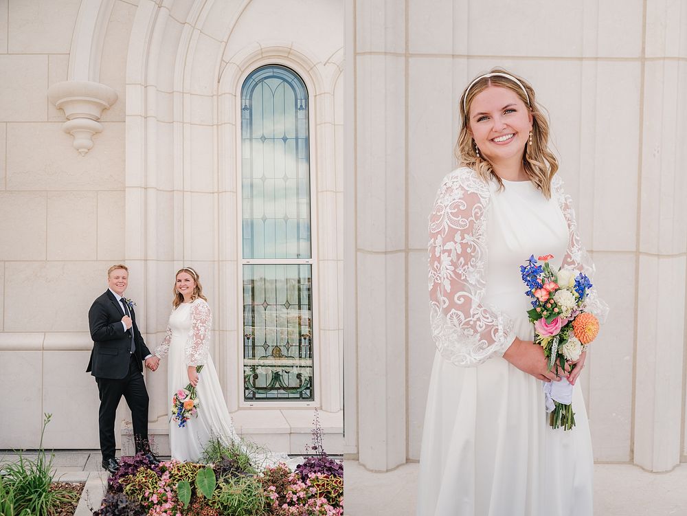 Elegant wedding scene at a white stone temple with arched windows and colorful floral arrangements.