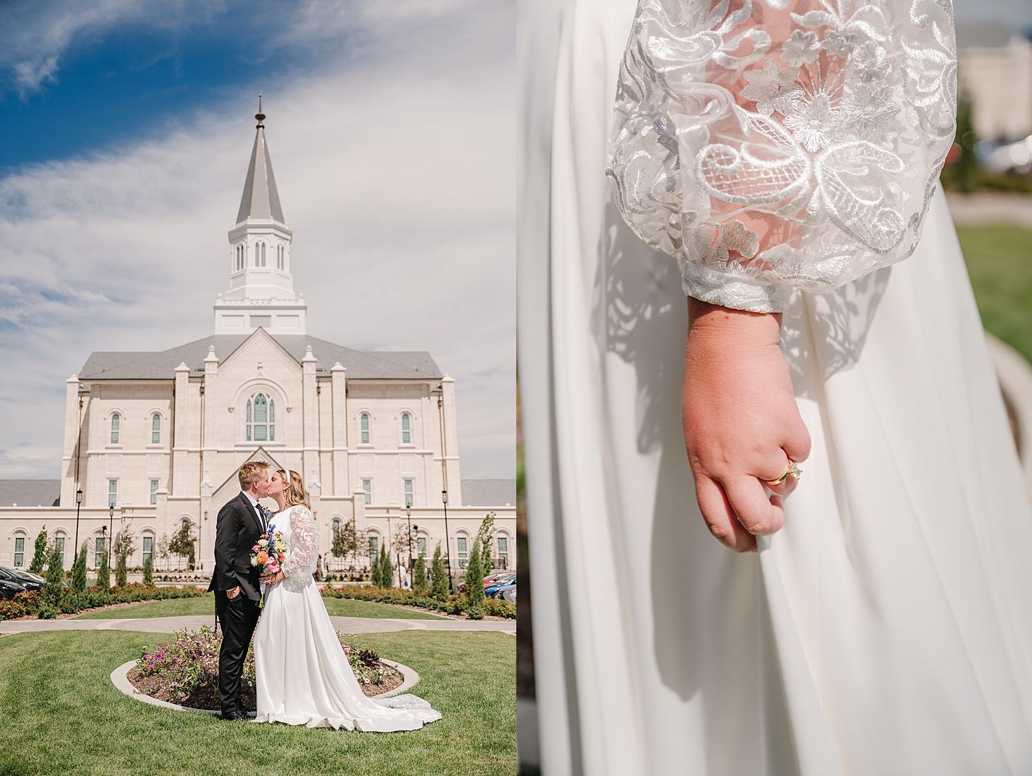 Two linked wedding photos show a couple at a Mormon temple and a close-up detail of lace sleeves.