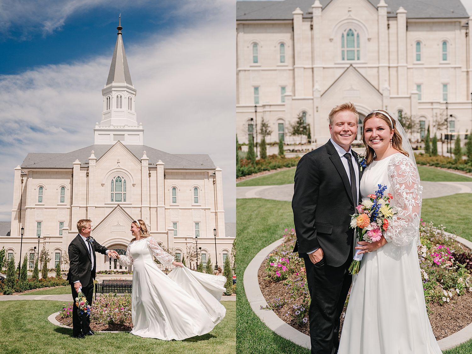 A beautiful white church building serves as backdrop for photos of a couple on their wedding day.