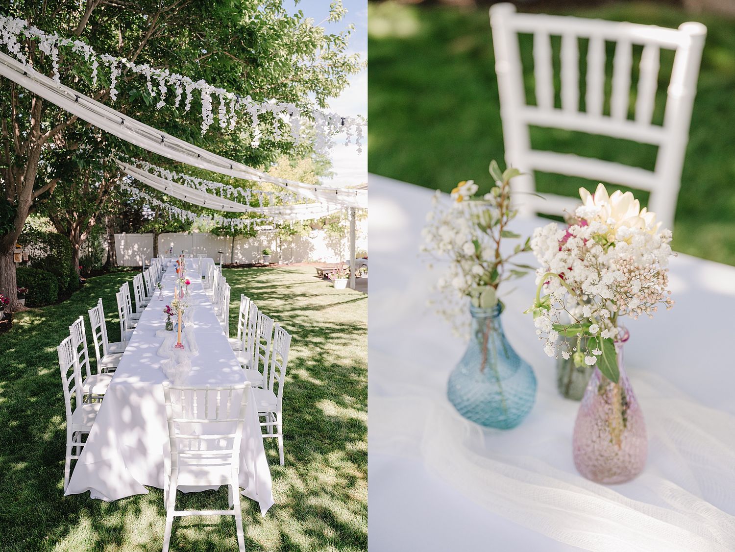 Elegant outdoor wedding setup with white chairs and tables under hanging streamers next to a close-up of floral centerpieces.