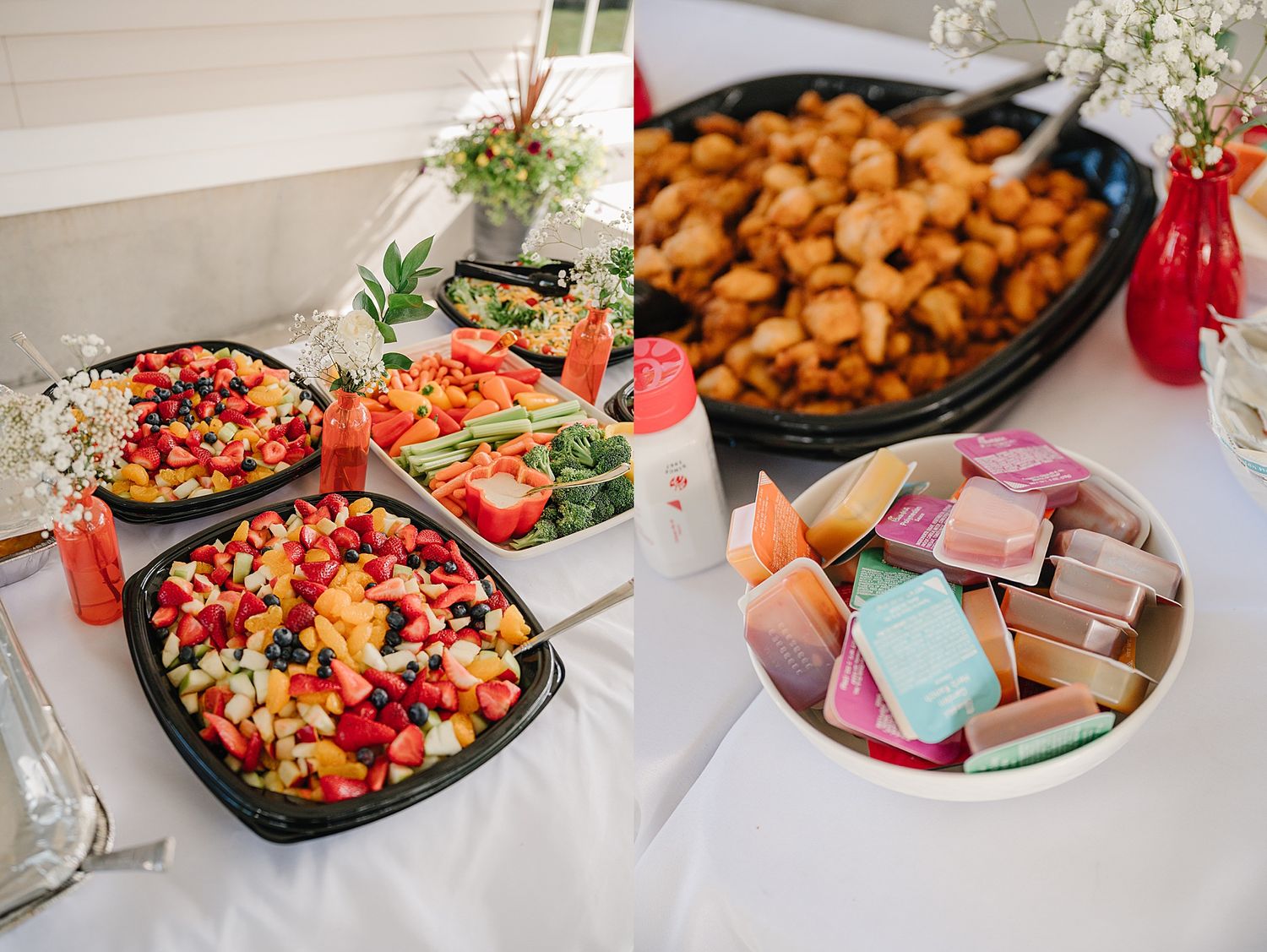 Party food spread featuring colorful bruschetta appetizers, roasted potatoes and pastel macaron cookies on serving platters.