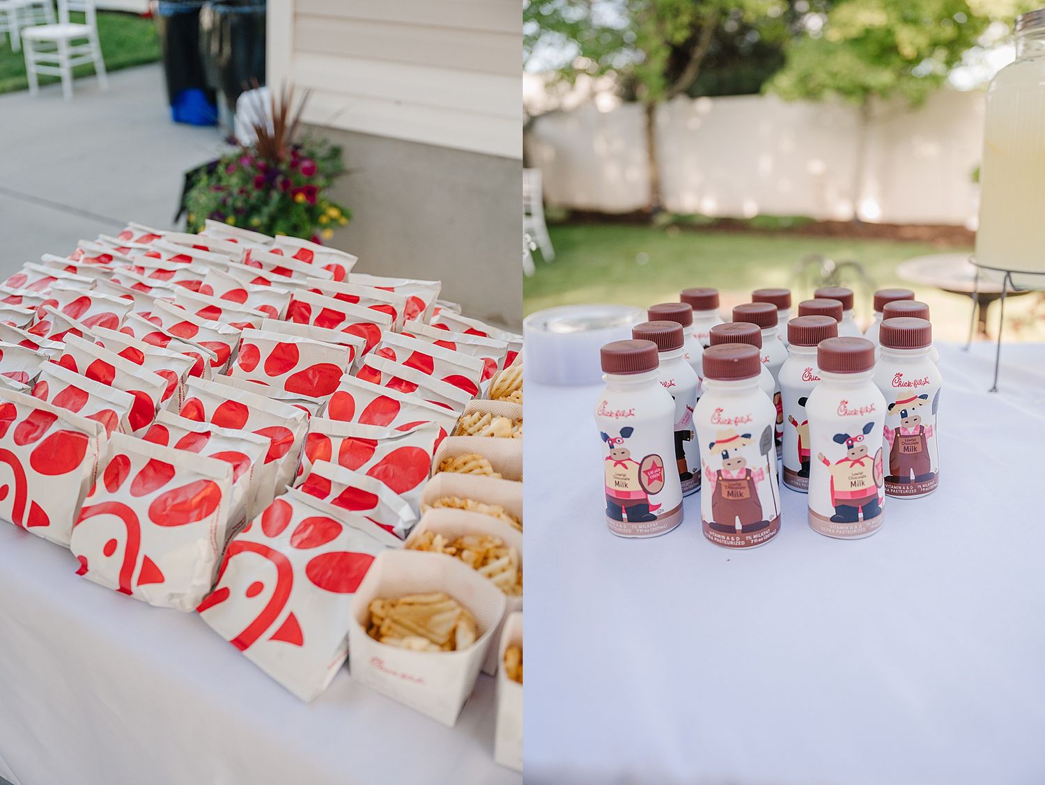 A table display featuring wrapped party food items alongside small decorated drink bottles on a white tablecloth.