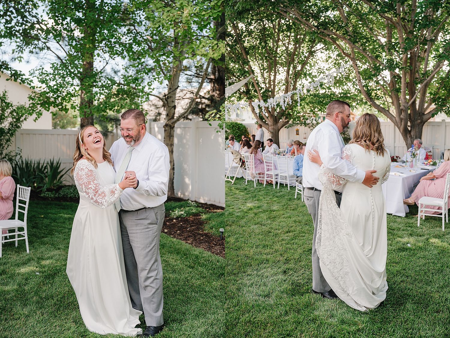 Guests dancing together on a green lawn at an outdoor wedding reception with white chairs and trees in the background.