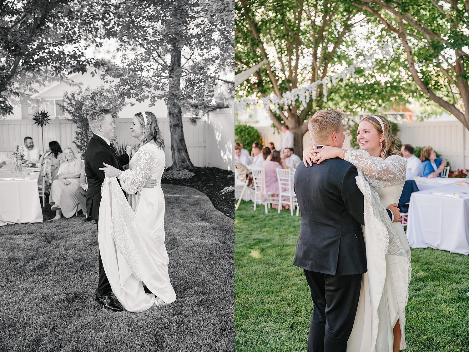 Side by side wedding photos showing couples dancing outdoors, one in black and white and one in color.