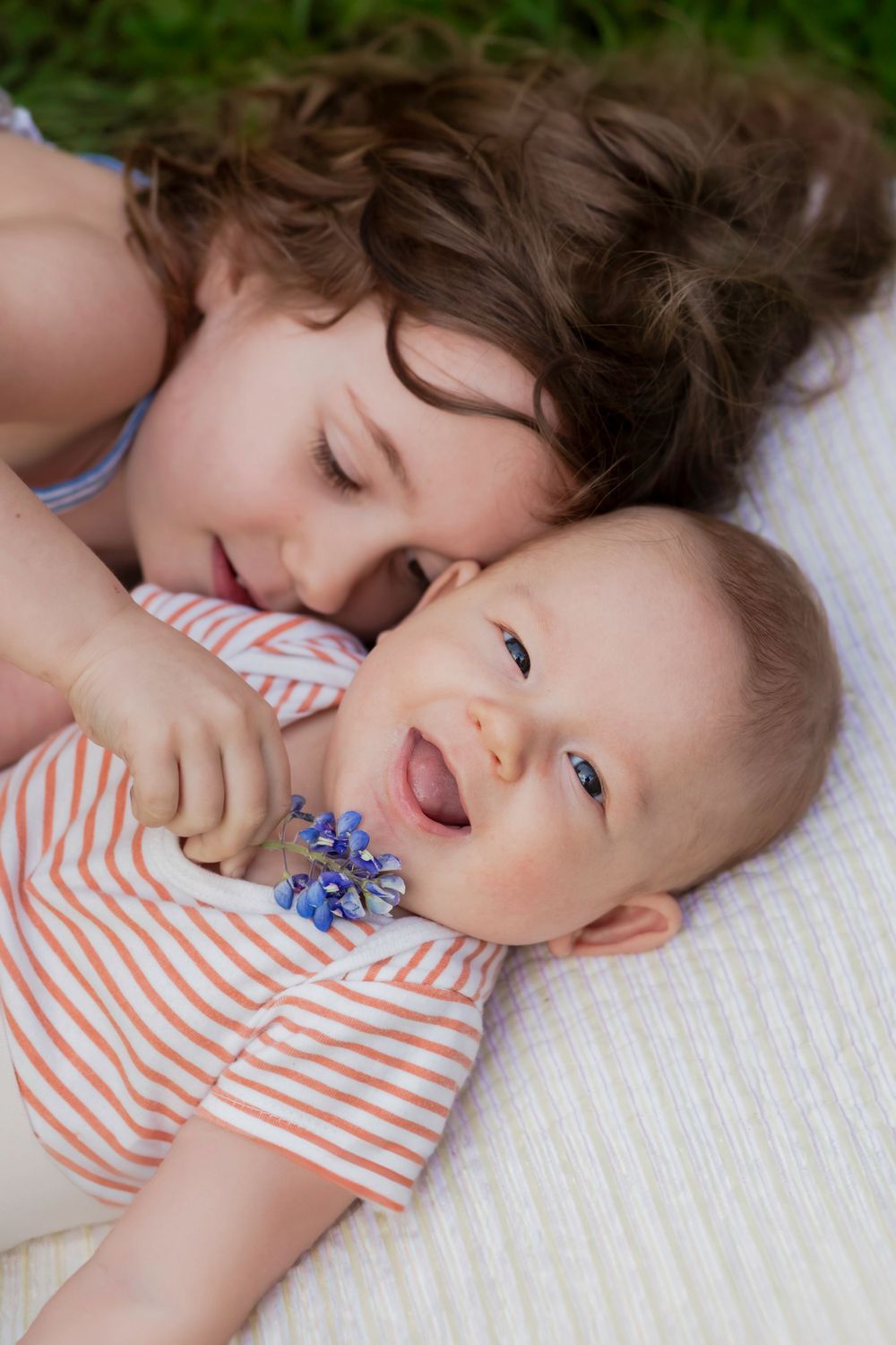 A sweet moment of affection and laughter on white bedding with a small blue flower in view. Bluebonnet Mini Session Austin Texas